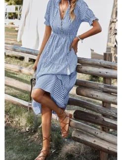 Hot Women's Midi Dress Casual Dress Summer Dress Fashion Classic Outdoor Holiday Date Regular Fit Striped Short Sleeve V Neck Pink Blue Dark Green Khaki Summer Women Casual Dress