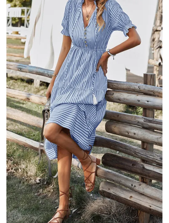 Hot Women's Midi Dress Casual Dress Summer Dress Fashion Classic Outdoor Holiday Date Regular Fit Striped Short Sleeve V Neck Pink Blue Dark Green Khaki Summer Women Casual Dress