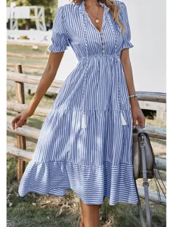 Hot Women's Midi Dress Casual Dress Summer Dress Fashion Classic Outdoor Holiday Date Regular Fit Striped Short Sleeve V Neck Pink Blue Dark Green Khaki Summer Women Casual Dress
