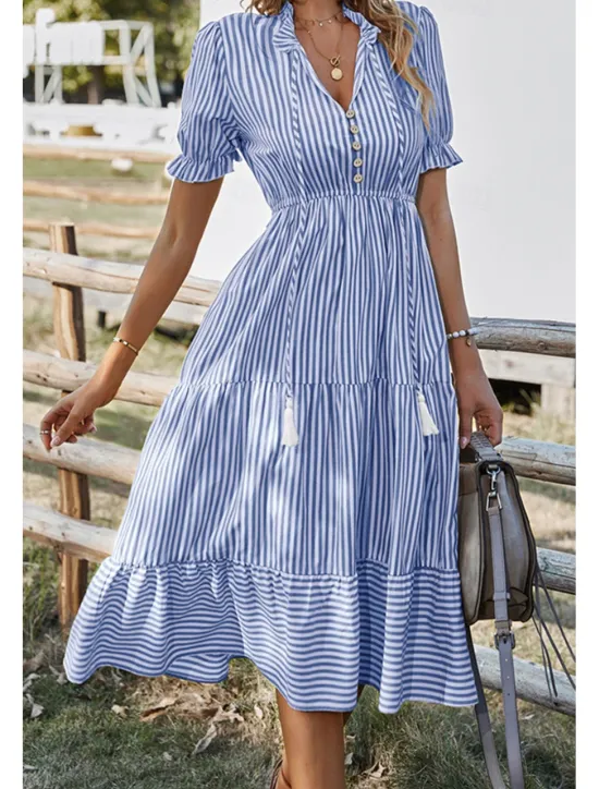 Hot Women's Midi Dress Casual Dress Summer Dress Fashion Classic Outdoor Holiday Date Regular Fit Striped Short Sleeve V Neck Pink Blue Dark Green Khaki Summer Women Casual Dress