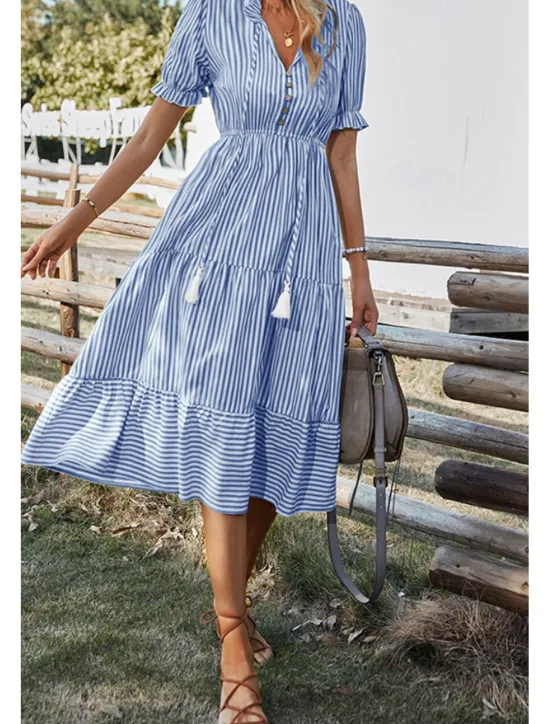 Hot Women's Midi Dress Casual Dress Summer Dress Fashion Classic Outdoor Holiday Date Regular Fit Striped Short Sleeve V Neck Pink Blue Dark Green Khaki Summer Women Casual Dress