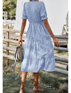Hot Women's Midi Dress Casual Dress Summer Dress Fashion Classic Outdoor Holiday Date Regular Fit Striped Short Sleeve V Neck Pink Blue Dark Green Khaki Summer Women Casual Dress