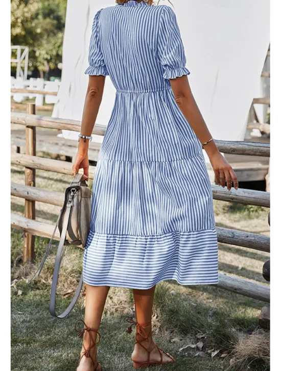 Hot Women's Midi Dress Casual Dress Summer Dress Fashion Classic Outdoor Holiday Date Regular Fit Striped Short Sleeve V Neck Pink Blue Dark Green Khaki Summer Women Casual Dress