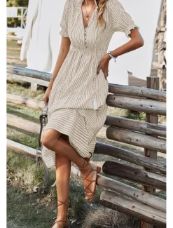 Hot Women's Midi Dress Casual Dress Summer Dress Fashion Classic Outdoor Holiday Date Regular Fit Striped Short Sleeve V Neck Pink Blue Dark Green Khaki Summer Women Casual Dress