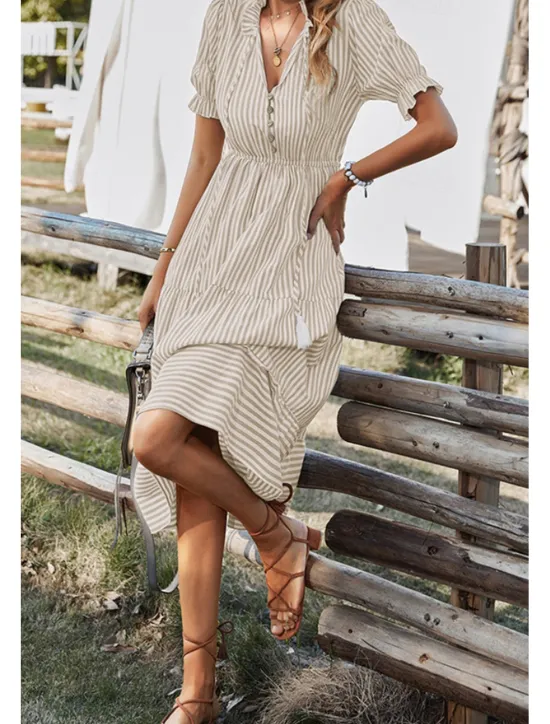 Hot Women's Midi Dress Casual Dress Summer Dress Fashion Classic Outdoor Holiday Date Regular Fit Striped Short Sleeve V Neck Pink Blue Dark Green Khaki Summer Women Casual Dress