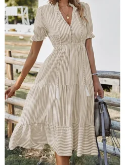 Hot Women's Midi Dress Casual Dress Summer Dress Fashion Classic Outdoor Holiday Date Regular Fit Striped Short Sleeve V Neck Pink Blue Dark Green Khaki Summer Women Casual Dress