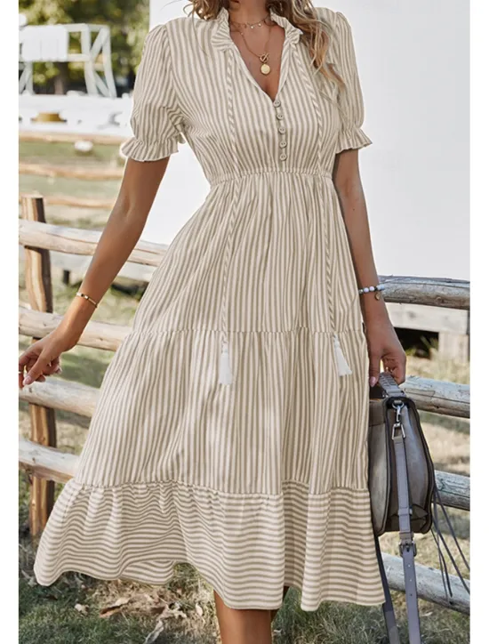 Hot Women's Midi Dress Casual Dress Summer Dress Fashion Classic Outdoor Holiday Date Regular Fit Striped Short Sleeve V Neck Pink Blue Dark Green Khaki Summer Women Casual Dress