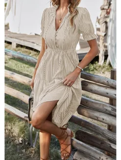 Hot Women's Midi Dress Casual Dress Summer Dress Fashion Classic Outdoor Holiday Date Regular Fit Striped Short Sleeve V Neck Pink Blue Dark Green Khaki Summer Women Casual Dress