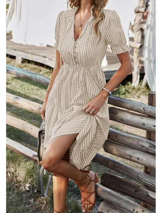 Hot Women's Midi Dress Casual Dress Summer Dress Fashion Classic Outdoor Holiday Date Regular Fit Striped Short Sleeve V Neck Pink Blue Dark Green Khaki Summer Women Casual Dress