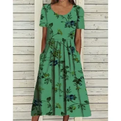 Online Women's Midi Dress Casual Dress Floral Print Ruched Print Crew Neck Basic Casual Daily Short Sleeve Summer Spring Women Spring Dresses