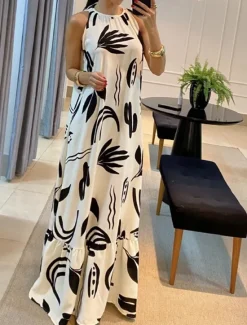 New Women's Midi Dress Casual Dress A Line Dress Stylish Casual Vacation Daily Regular Fit Floral Sleeveless Crew Neck Black White Summer Women Floral Dresses