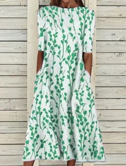 Online Women's Midi Dress Casual Dress Blue Half Sleeve Print Ruched Spring Summer Crew Neck Casual 2023 S M L XL XXL 3XL Women Spring Dresses|Casual Dress