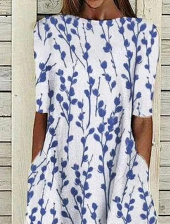 Online Women's Midi Dress Casual Dress Blue Half Sleeve Print Ruched Spring Summer Crew Neck Casual 2023 S M L XL XXL 3XL Women Spring Dresses|Casual Dress