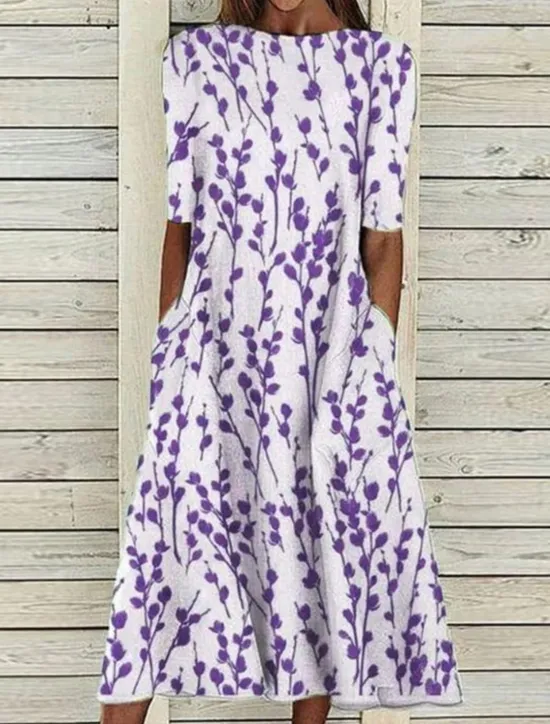 Online Women's Midi Dress Casual Dress Blue Half Sleeve Print Ruched Spring Summer Crew Neck Casual 2023 S M L XL XXL 3XL Women Spring Dresses|Casual Dress