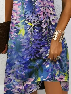Outlet Women's Midi Dress Casual Dress T Shirt Dress Tee Dress Sundress A Line Dress Vacation Casual Beach Beach Regular Fit Floral Graphic Leaf Short Sleeve V Neck Yellow Pink Blue Purple Summer Spring Women Vacation Dresses