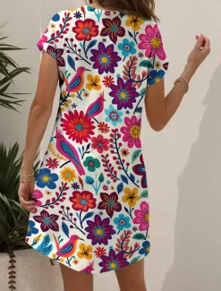 New Women's Midi Dress Casual Dress T Shirt Dress Tee Dress Sundress A Line Dress Vacation Casual Beach Beach Regular Fit Floral Graphic Short Sleeve V Neck Yellow Red Blue Purple Summer Spring Women Vacation Dresses