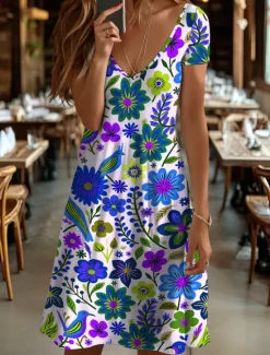 New Women's Midi Dress Casual Dress T Shirt Dress Tee Dress Sundress A Line Dress Vacation Casual Beach Beach Regular Fit Floral Graphic Short Sleeve V Neck Yellow Red Blue Purple Summer Spring Women Vacation Dresses