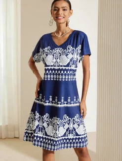 Hot Women's Midi Dress Casual Dress Summer Floral Print V Neck Elegant Street Holiday Short Sleeve Summer Women T Shirt Dresses