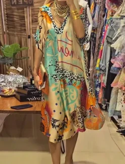 Outlet Women's Midi Dress Casual Dress A Line Dress Stylish Casual Vacation Daily Loose Fit Heart Floral Leopard Short Sleeve V Neck Pink Blue Green Summer Women Vacation Dresses