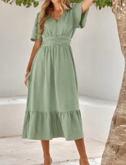 Best Women's Midi Dress Casual Dress Swing Dress A Line Dress Stylish Basic Casual Vacation Daily Regular Fit Plain Short Sleeve V Neck Light Green Red Summer Spring Women Cocktail Dress