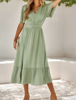 Best Women's Midi Dress Casual Dress Swing Dress A Line Dress Stylish Basic Casual Vacation Daily Regular Fit Plain Short Sleeve V Neck Light Green Red Summer Spring Women Cocktail Dress