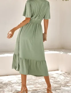 Best Women's Midi Dress Casual Dress Swing Dress A Line Dress Stylish Basic Casual Vacation Daily Regular Fit Plain Short Sleeve V Neck Light Green Red Summer Spring Women Cocktail Dress