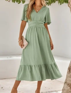 Best Women's Midi Dress Casual Dress Swing Dress A Line Dress Stylish Basic Casual Vacation Daily Regular Fit Plain Short Sleeve V Neck Light Green Red Summer Spring Women Cocktail Dress