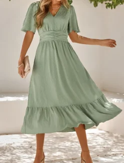 Best Women's Midi Dress Casual Dress Swing Dress A Line Dress Stylish Basic Casual Vacation Daily Regular Fit Plain Short Sleeve V Neck Light Green Red Summer Spring Women Cocktail Dress