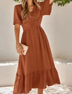 Best Women's Midi Dress Casual Dress Swing Dress A Line Dress Stylish Basic Casual Vacation Daily Regular Fit Plain Short Sleeve V Neck Light Green Red Summer Spring Women Cocktail Dress