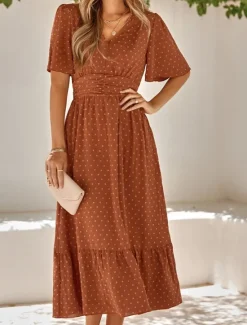Best Women's Midi Dress Casual Dress Swing Dress A Line Dress Stylish Basic Casual Vacation Daily Regular Fit Plain Short Sleeve V Neck Light Green Red Summer Spring Women Cocktail Dress