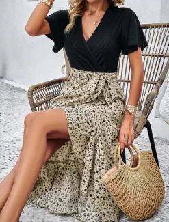 Women's Midi Dress Casual Dress Wrap Dress Summer Dress Fashion Modern Daily Weekend Regular Fit Leopard Short Sleeve V Neck Wine Green Apricot Summer Women Floral Dresses