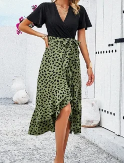 Women's Midi Dress Casual Dress Wrap Dress Summer Dress Fashion Modern Daily Weekend Regular Fit Leopard Short Sleeve V Neck Wine Green Apricot Summer Women Floral Dresses