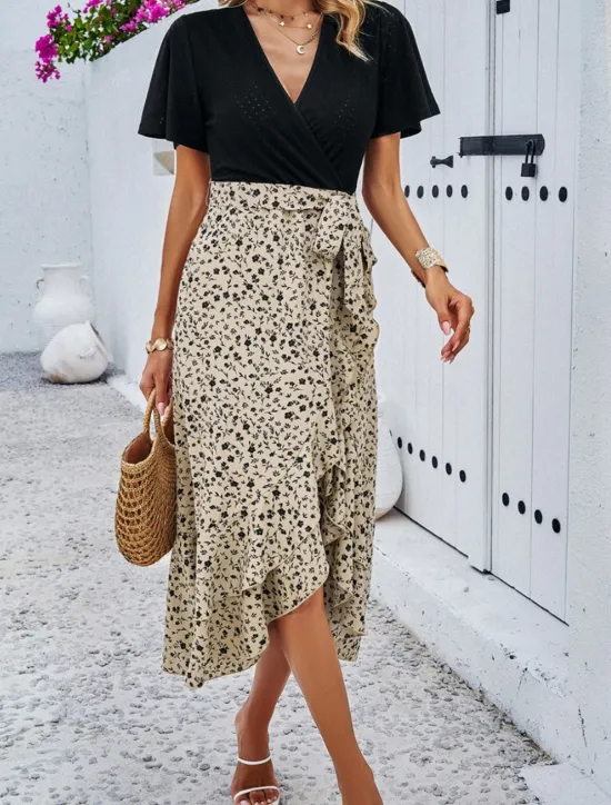 Women's Midi Dress Casual Dress Wrap Dress Summer Dress Fashion Modern Daily Weekend Regular Fit Leopard Short Sleeve V Neck Wine Green Apricot Summer Women Floral Dresses