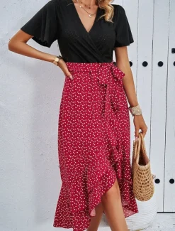 Women's Midi Dress Casual Dress Wrap Dress Summer Dress Fashion Modern Daily Weekend Regular Fit Leopard Short Sleeve V Neck Wine Green Apricot Summer Women Floral Dresses