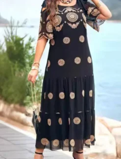 Hot Women's Midi Dress Casual Dress Cocktail Dress Wedding Guest Dress Chiffon Dress Elegant Stylish Casual Vacation Casual Daily Loose Fit Graphic Short Sleeve Crew Neck Summer Spring Women Cocktail Dress