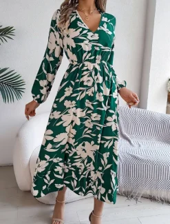 Clearance Women's Midi Dress Casual Dress Swing Dress A Line Dress Casual Daily Regular Fit Floral Long Sleeve V Neck Wine Green Khaki Summer Spring Fall Women Spring Dresses