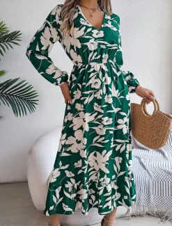 Clearance Women's Midi Dress Casual Dress Swing Dress A Line Dress Casual Daily Regular Fit Floral Long Sleeve V Neck Wine Green Khaki Summer Spring Fall Women Spring Dresses