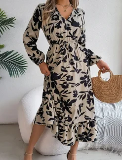 Clearance Women's Midi Dress Casual Dress Swing Dress A Line Dress Casual Daily Regular Fit Floral Long Sleeve V Neck Wine Green Khaki Summer Spring Fall Women Spring Dresses