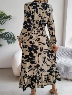 Clearance Women's Midi Dress Casual Dress Swing Dress A Line Dress Casual Daily Regular Fit Floral Long Sleeve V Neck Wine Green Khaki Summer Spring Fall Women Spring Dresses