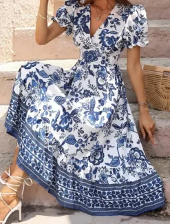 Discount Women's Midi Dress Casual Dress Swing Dress A Line Dress Summer Dress Streetwear A Line Vacation Street Holiday Regular Fit Floral Short Sleeve V Neck Black Red Blue Green Summer Women Spring Dresses|Floral Dresses