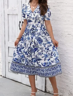 Discount Women's Midi Dress Casual Dress Swing Dress A Line Dress Summer Dress Streetwear A Line Vacation Street Holiday Regular Fit Floral Short Sleeve V Neck Black Red Blue Green Summer Women Spring Dresses|Floral Dresses