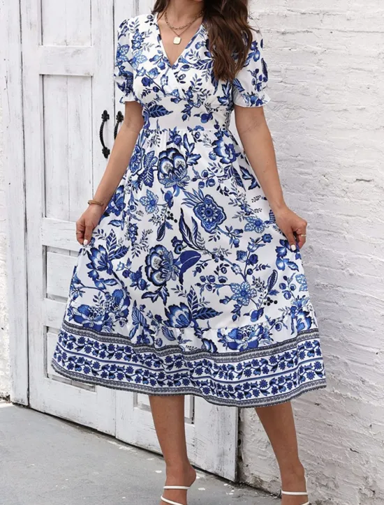 Discount Women's Midi Dress Casual Dress Swing Dress A Line Dress Summer Dress Streetwear A Line Vacation Street Holiday Regular Fit Floral Short Sleeve V Neck Black Red Blue Green Summer Women Spring Dresses|Floral Dresses