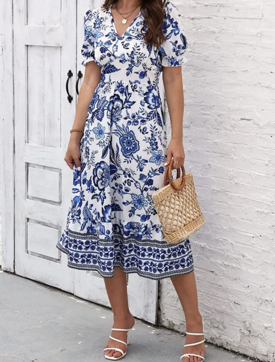 Discount Women's Midi Dress Casual Dress Swing Dress A Line Dress Summer Dress Streetwear A Line Vacation Street Holiday Regular Fit Floral Short Sleeve V Neck Black Red Blue Green Summer Women Spring Dresses|Floral Dresses