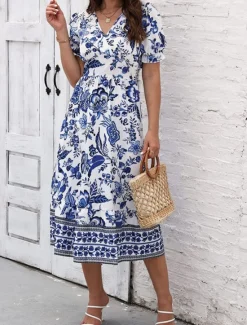 Discount Women's Midi Dress Casual Dress Swing Dress A Line Dress Summer Dress Streetwear A Line Vacation Street Holiday Regular Fit Floral Short Sleeve V Neck Black Red Blue Green Summer Women Spring Dresses|Floral Dresses