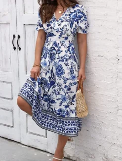 Discount Women's Midi Dress Casual Dress Swing Dress A Line Dress Summer Dress Streetwear A Line Vacation Street Holiday Regular Fit Floral Short Sleeve V Neck Black Red Blue Green Summer Women Spring Dresses|Floral Dresses