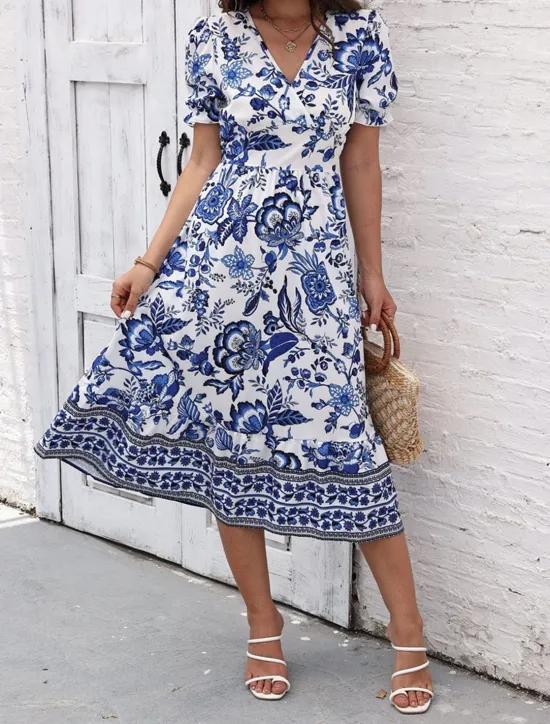 Discount Women's Midi Dress Casual Dress Swing Dress A Line Dress Summer Dress Streetwear A Line Vacation Street Holiday Regular Fit Floral Short Sleeve V Neck Black Red Blue Green Summer Women Spring Dresses|Floral Dresses