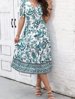 Discount Women's Midi Dress Casual Dress Swing Dress A Line Dress Summer Dress Streetwear A Line Vacation Street Holiday Regular Fit Floral Short Sleeve V Neck Black Red Blue Green Summer Women Spring Dresses|Floral Dresses