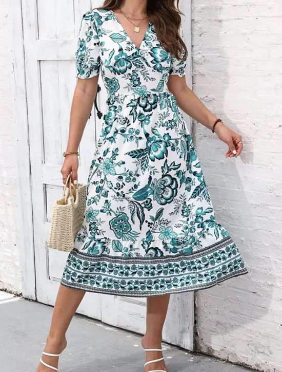 Discount Women's Midi Dress Casual Dress Swing Dress A Line Dress Summer Dress Streetwear A Line Vacation Street Holiday Regular Fit Floral Short Sleeve V Neck Black Red Blue Green Summer Women Spring Dresses|Floral Dresses