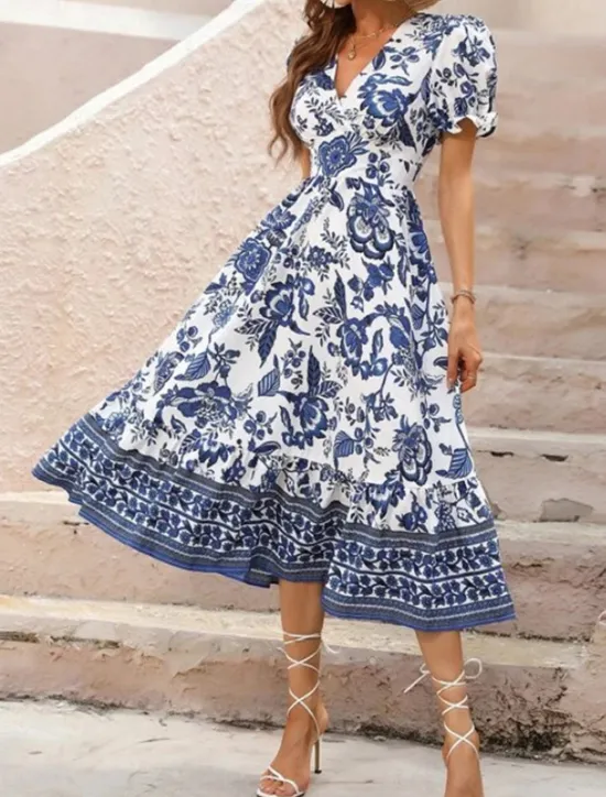 Discount Women's Midi Dress Casual Dress Swing Dress A Line Dress Summer Dress Streetwear A Line Vacation Street Holiday Regular Fit Floral Short Sleeve V Neck Black Red Blue Green Summer Women Spring Dresses|Floral Dresses