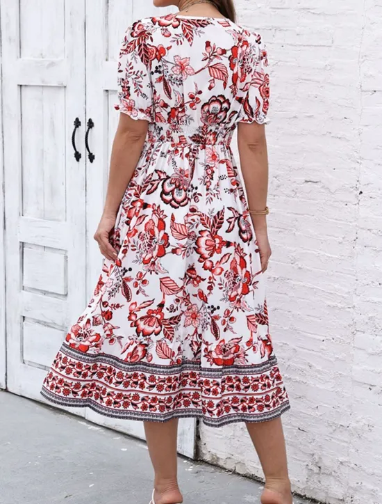 Discount Women's Midi Dress Casual Dress Swing Dress A Line Dress Summer Dress Streetwear A Line Vacation Street Holiday Regular Fit Floral Short Sleeve V Neck Black Red Blue Green Summer Women Spring Dresses|Floral Dresses